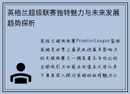 英格兰超级联赛独特魅力与未来发展趋势探析
