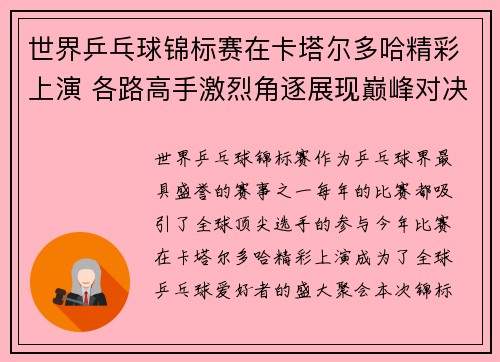 世界乒乓球锦标赛在卡塔尔多哈精彩上演 各路高手激烈角逐展现巅峰对决