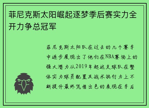 菲尼克斯太阳崛起逐梦季后赛实力全开力争总冠军