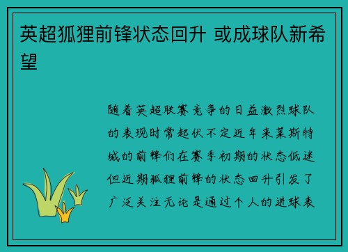 英超狐狸前锋状态回升 或成球队新希望